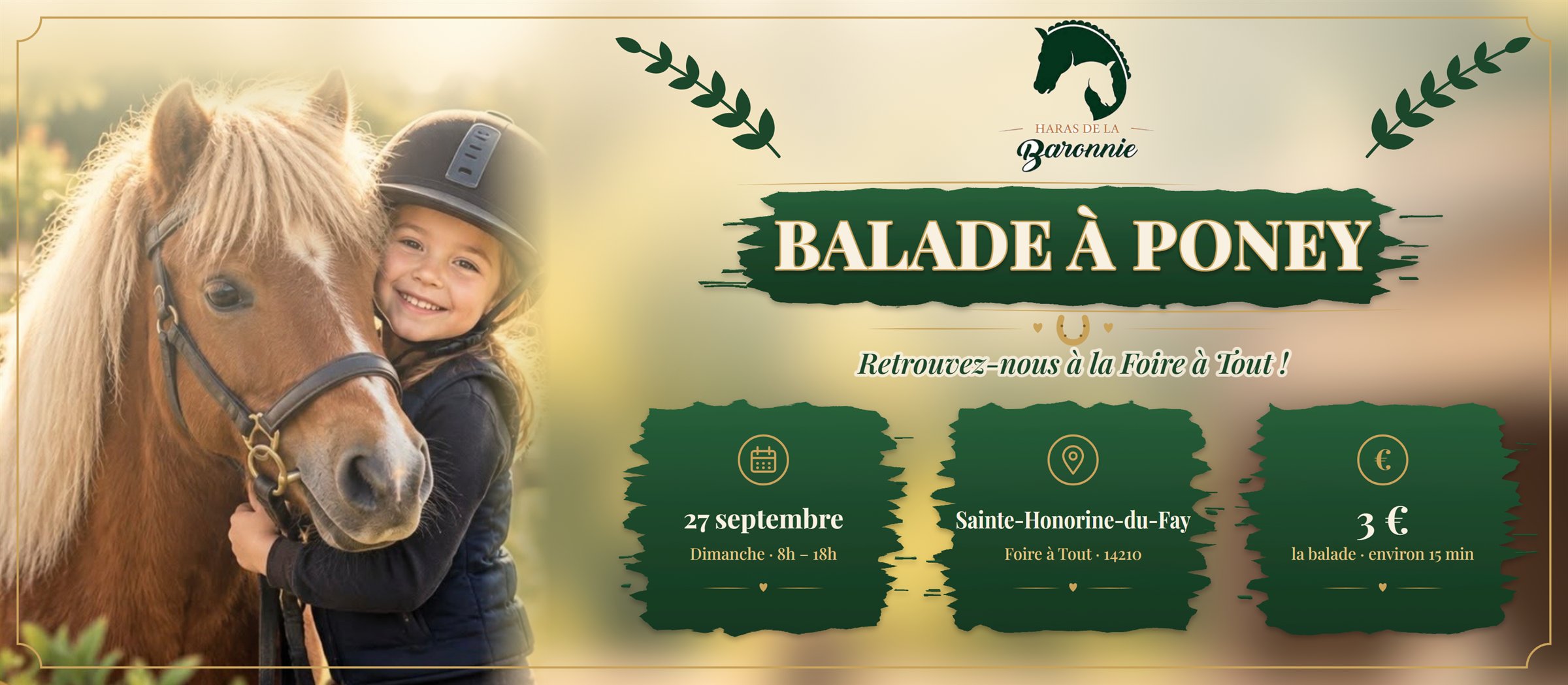 Balade à poney avec le Haras de la Baronnie à la Foire à Tout de Sainte-Honorine-du-Fay (14210), dimanche 27 septembre de 8h à 18h : 3 € la balade, environ 15 minutes.